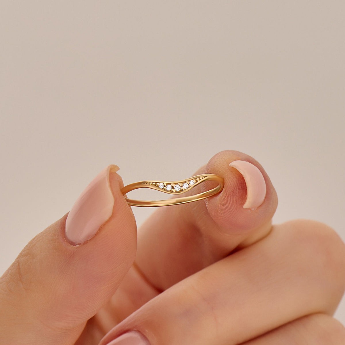 Pave Diamond Curved Ring 14K Gold – Women’s Stacking Enhancer Fine Band