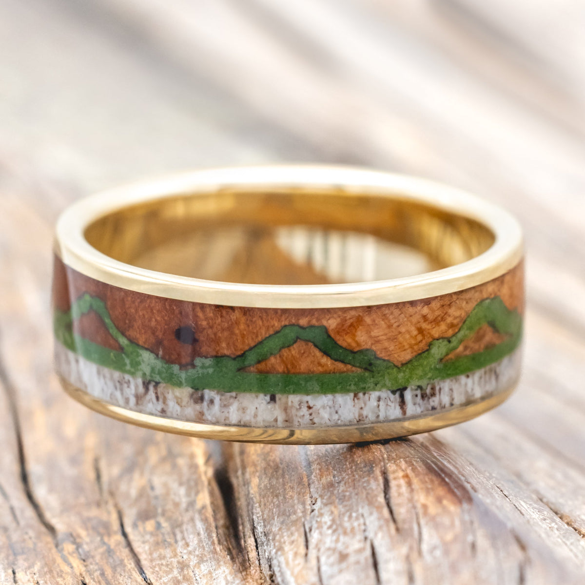 "The Expedition" - Mountain Engraved Wedding Ring With Redwood, Moss & Antler - 14K Yellow Gold (8mm) - Size 8 3/4