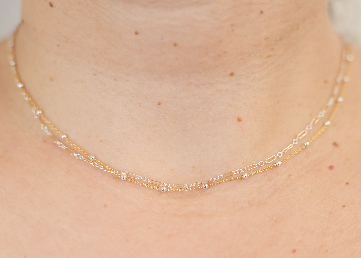 Mixed Metal Layering Chain Long and Short Necklace in Sterling Silver and 14 Karat Gold Fill