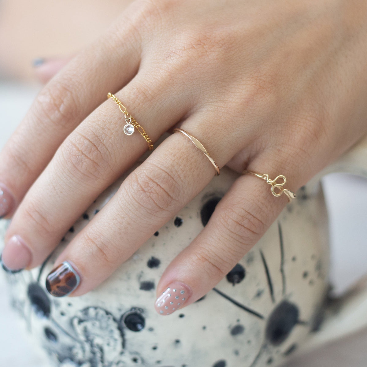 Figaro Chain Ring with CZ Gemstone in 14 Karat Gold Fill