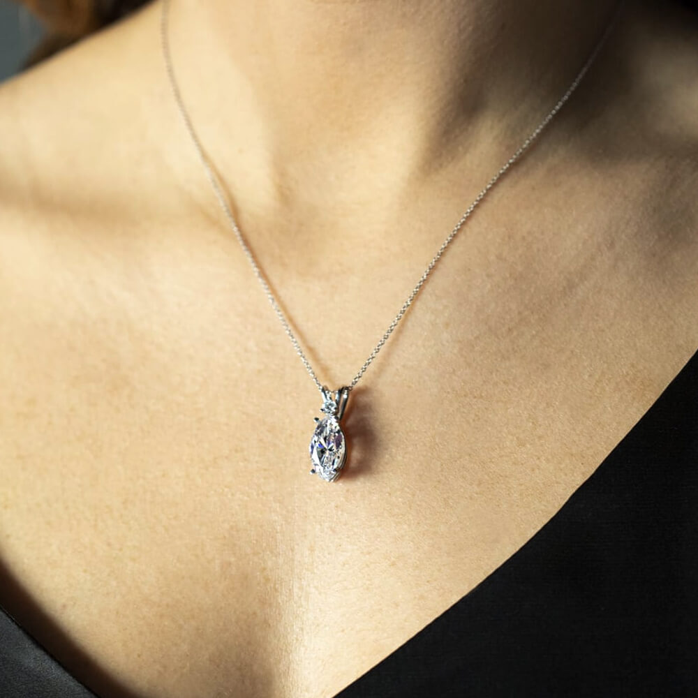 Marquise Cut Moissanite Basket Set Pendant Necklace in Sterling Silver