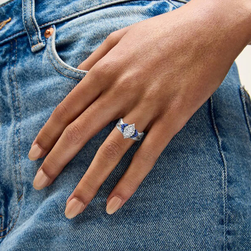 Halo Marquise Moissanite And Sapphire Tri-Sides Twisted Pave Engagement Ring
