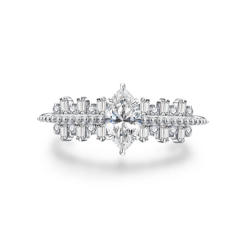 Marquise Moissanite Side Stone Bead Engagement Ring