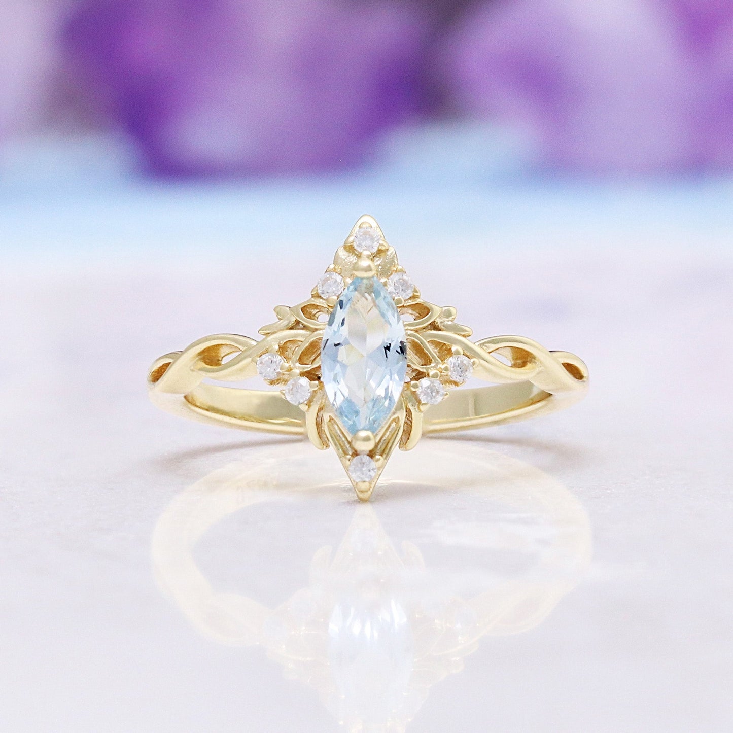 Siren Queen Marquise Aquamarine Lotus Ring in 14K Yellow Gold Vermeil