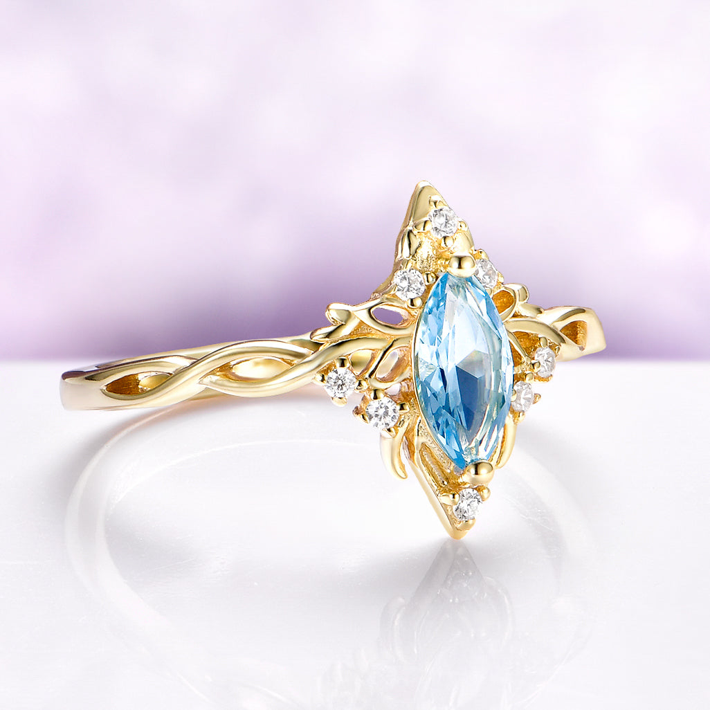 Siren Queen Marquise Aquamarine Lotus Engagement Ring in Solid 14K Yellow Gold