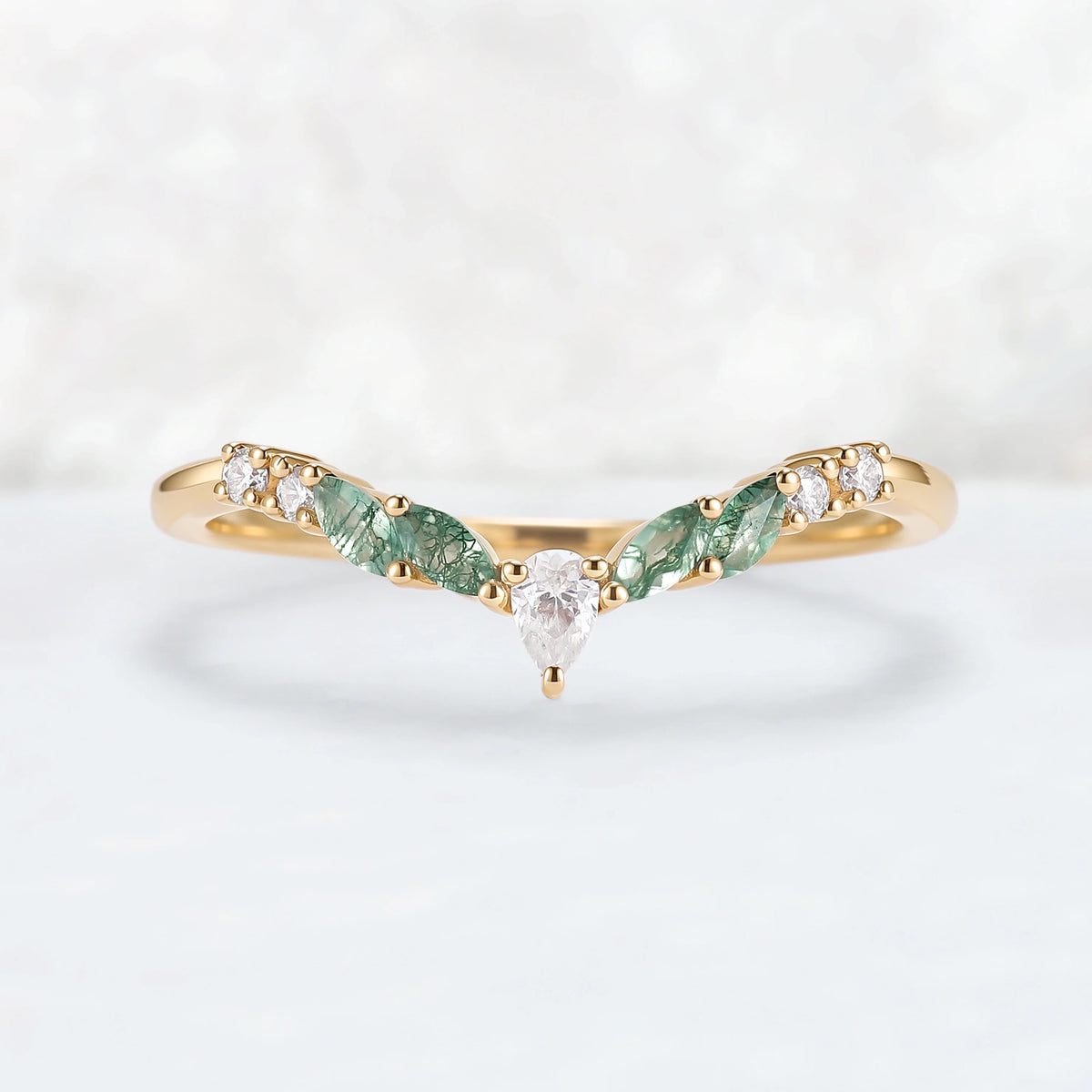 Curved Marquise Cut Moss Agate Rose Gold Wedding Band