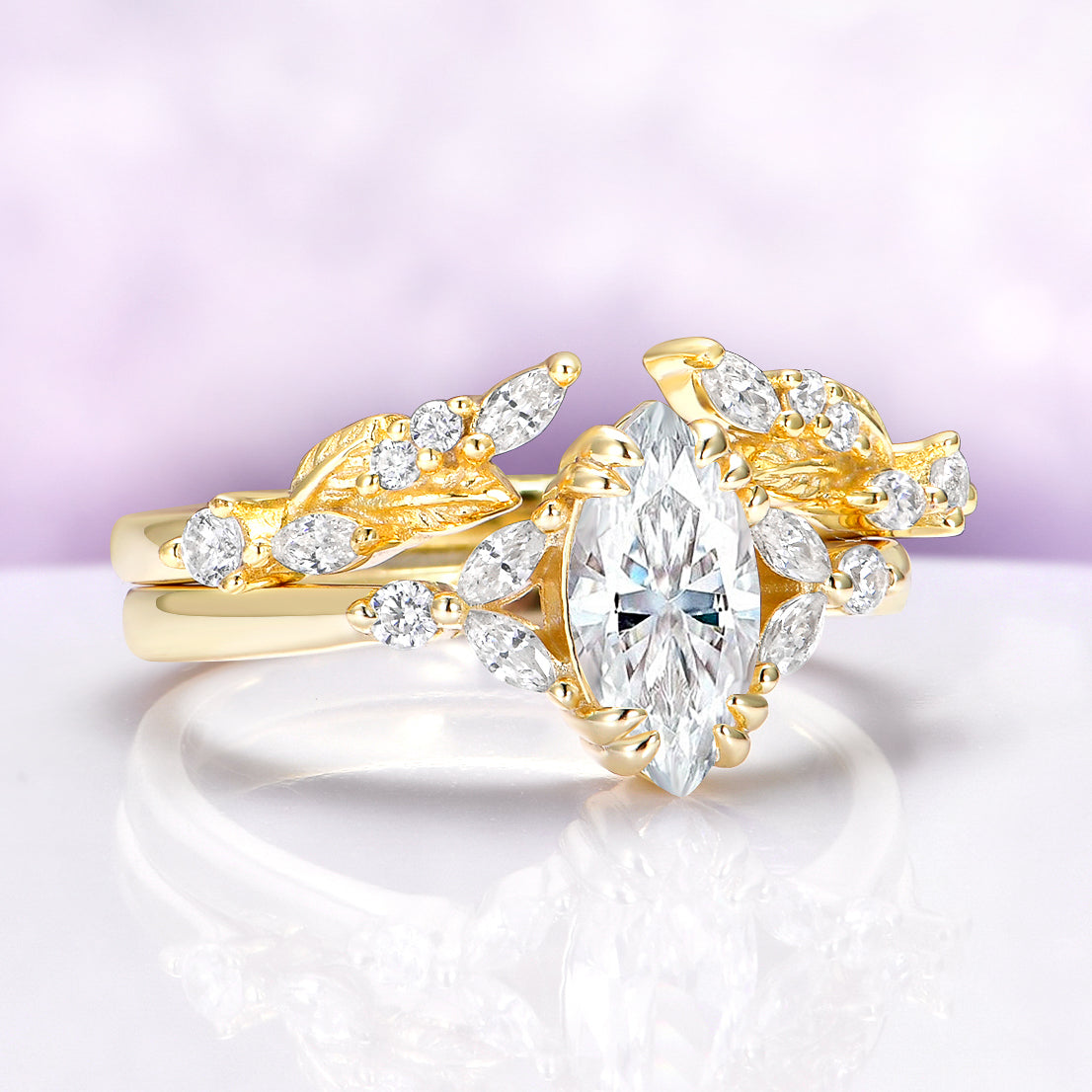 Marquise Lab Diamond Leaf Engagement Ring Set Solid 14K Yellow Gold (IGI Certified)