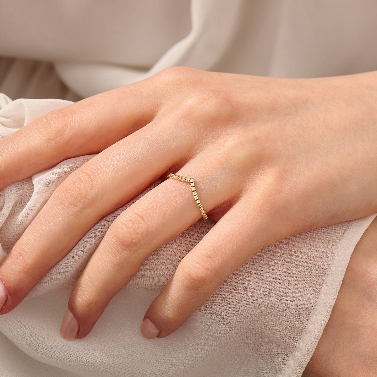Solid Gold Curved V-Shaped Wedding Band - Diamond Half Eternity Ring, Solitaire Engagement Enhancer
