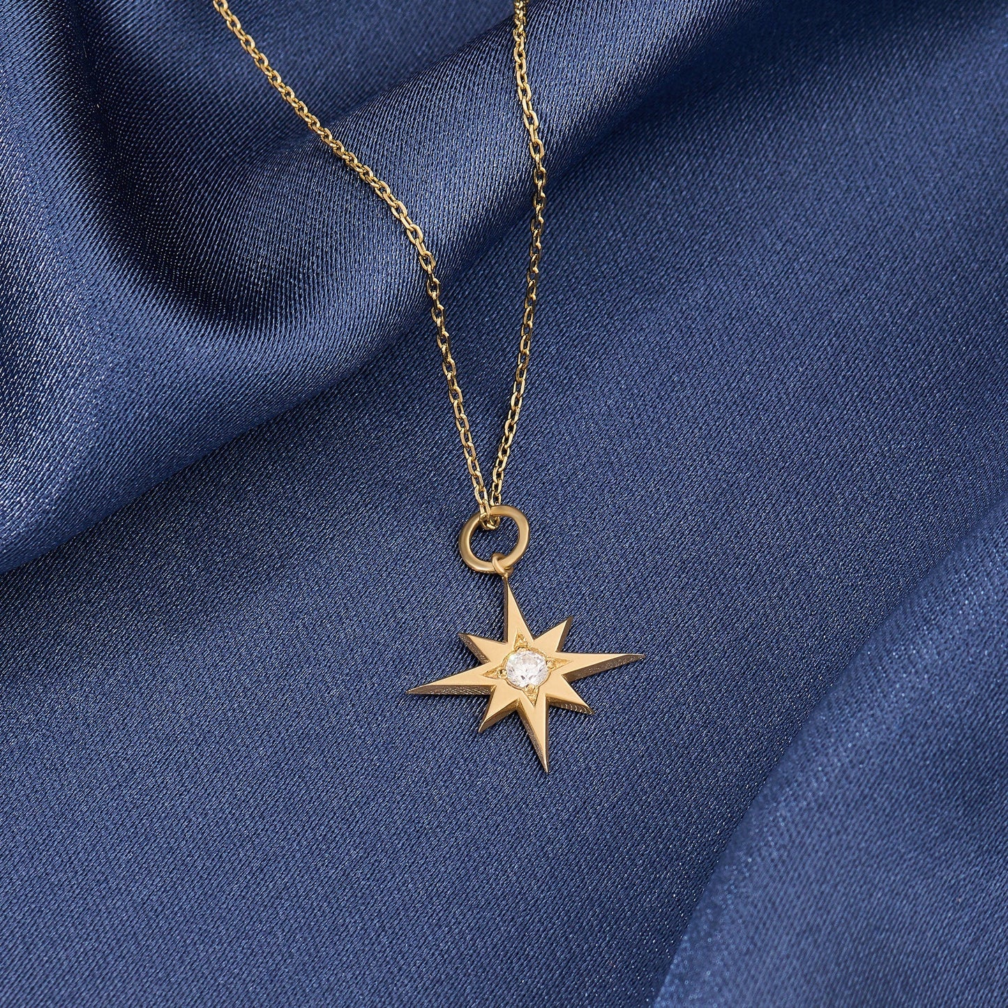 14k Solid Gold Diamond North Star Pendant - Dainty Compass Star Charm, Celestial Necklace