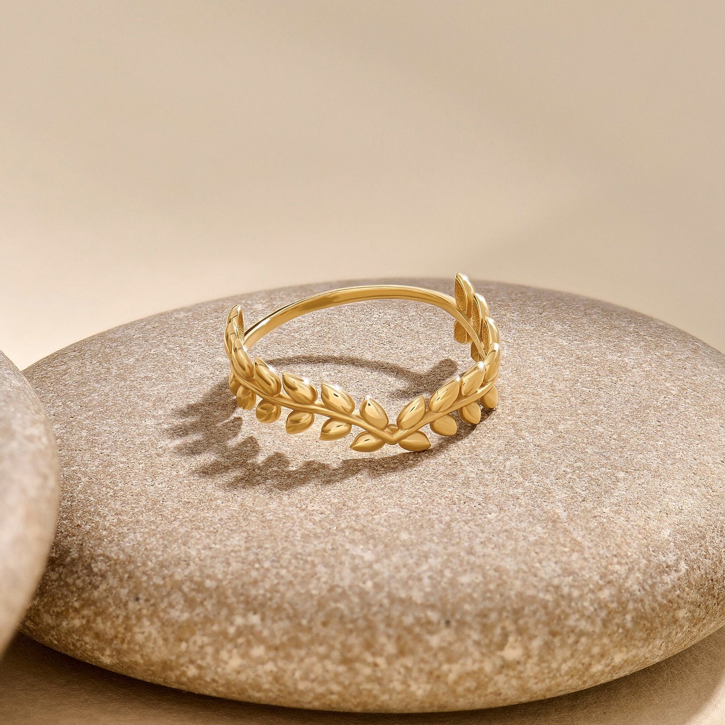 14K Solid Gold Olive Branch Ring – Dainty Leaf Vine Stackable Wedding Band