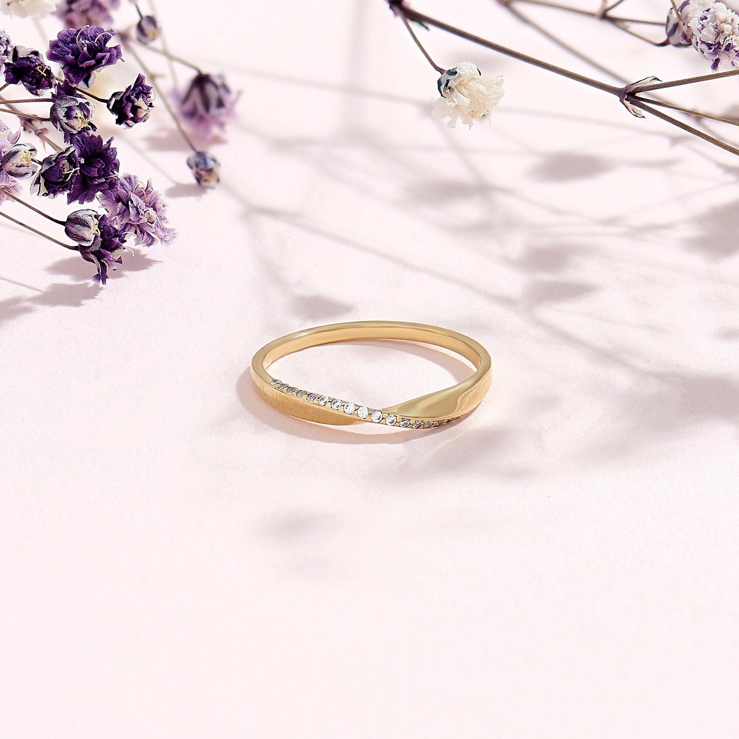 Minimalist Mobius Twist Ring 14k Gold - Diamond Wedding Band, Comfort Fit Stackable Band