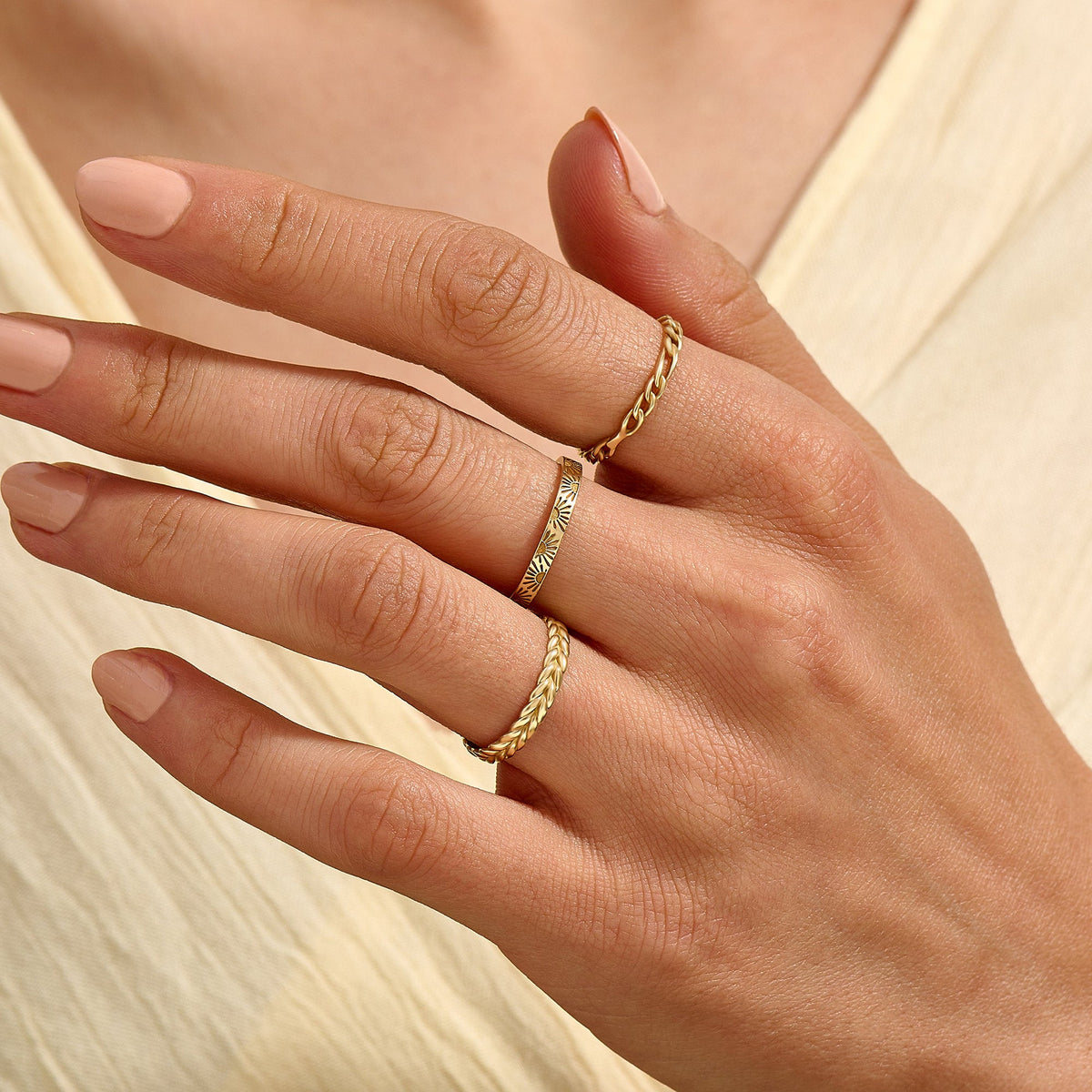 14k Solid Gold Figaro Chain Ring – Dainty Cuban Link Band, Minimalist Stacking Ring
