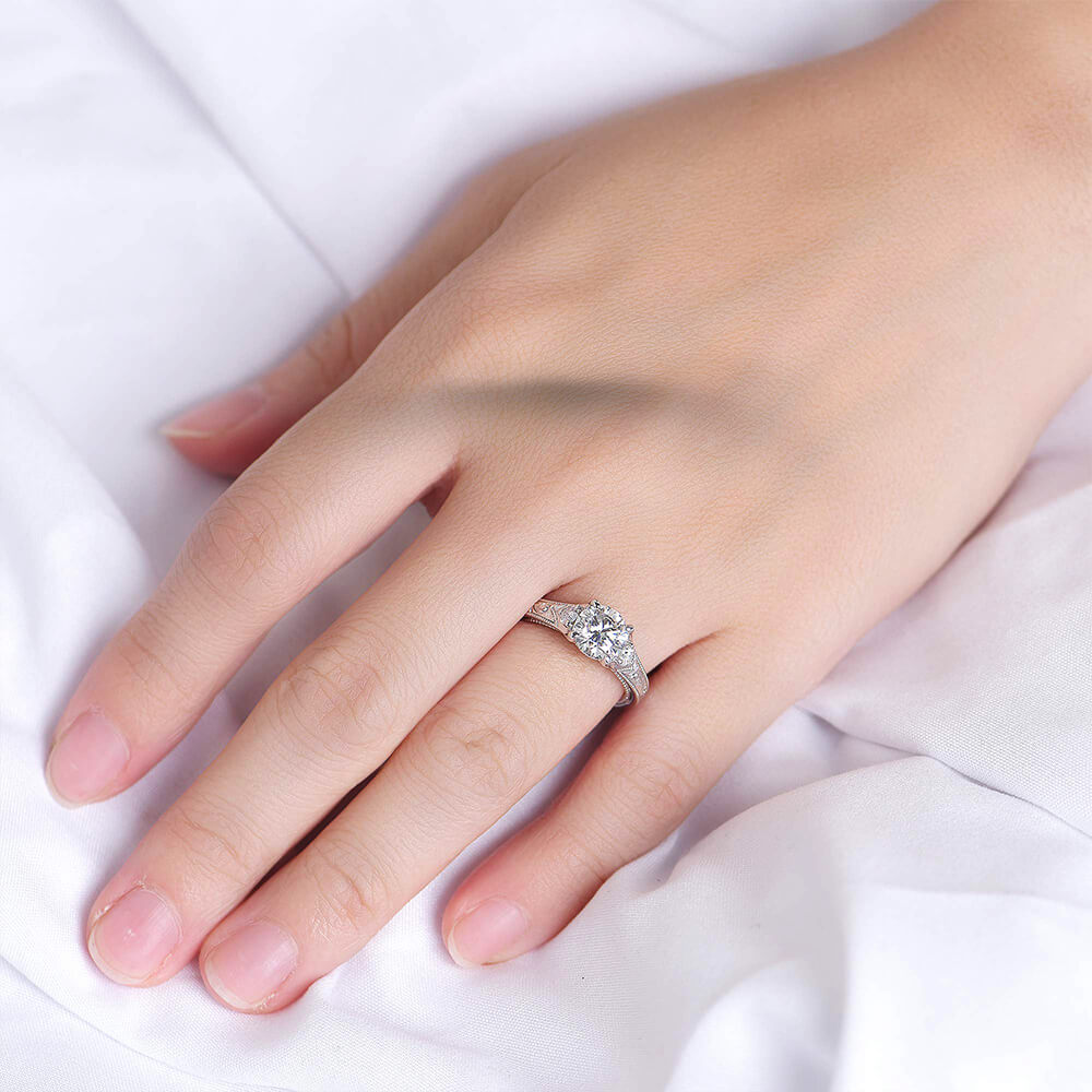Milgrain Three Stone Moissanite Hidden Halo Engagement Ring