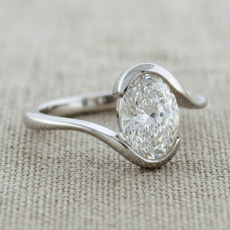 Minimalist Half-Bezel Solitaire Bypass Oval Cut Moissanite Engagement Ring
