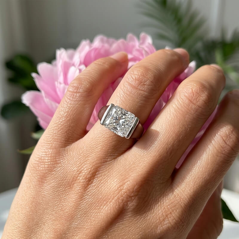 Minimalist Solitaire Radiant Cut Half Bezel Moissanite Engagement Ring