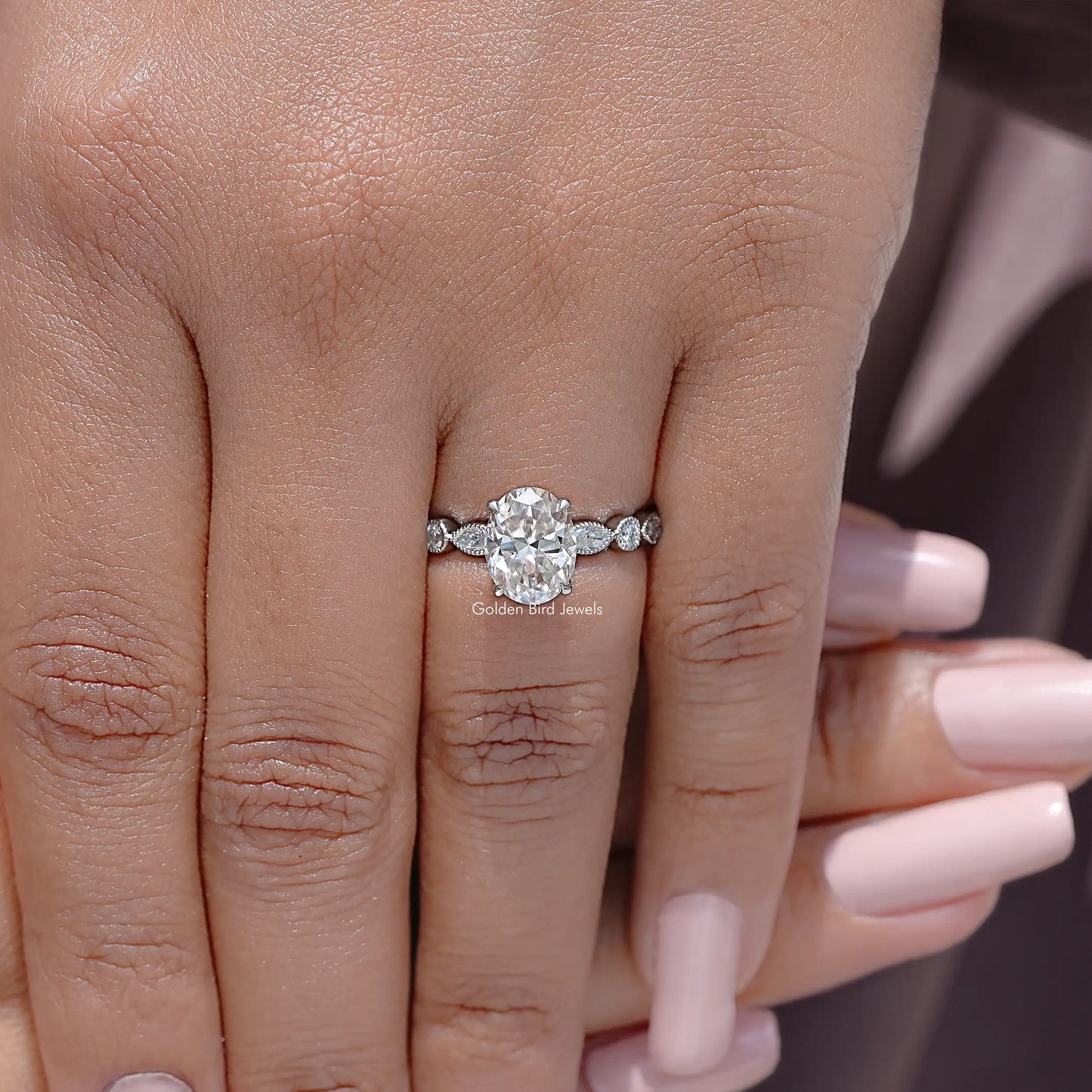 Oval Cut Moissanite Miligraine Set Engagement Ring