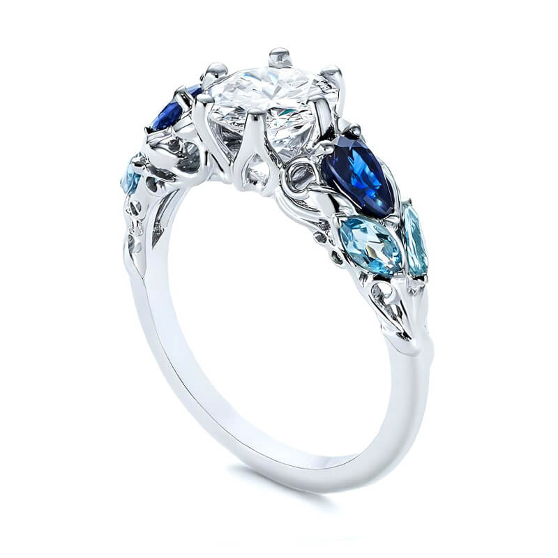 Moissanite And Cluster Sapphire Filigree Vine Engagement Ring