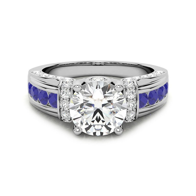 Moissanite With Channel Set Sapphire Accents Engagement Ring