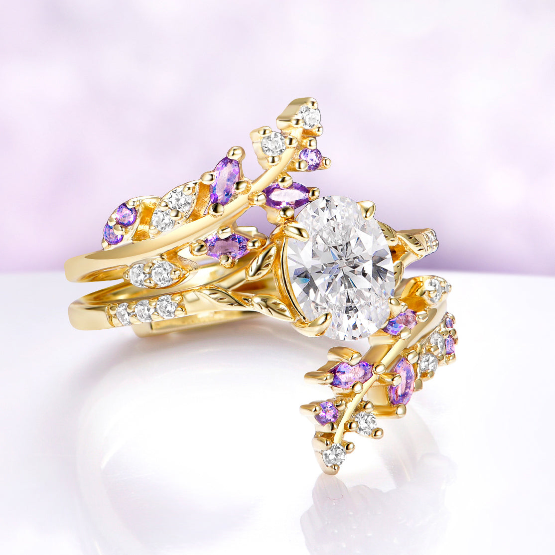 Moissanite & Amethyst Fairy Leaf Engagement Ring Set in Solid 14K Yellow Gold