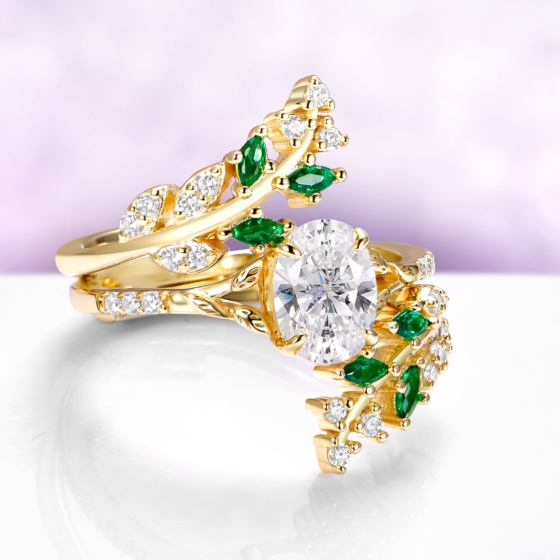 Moissanite & Emerald Fairy Leaf Engagement Ring Set in Solid 14K Yellow Gold