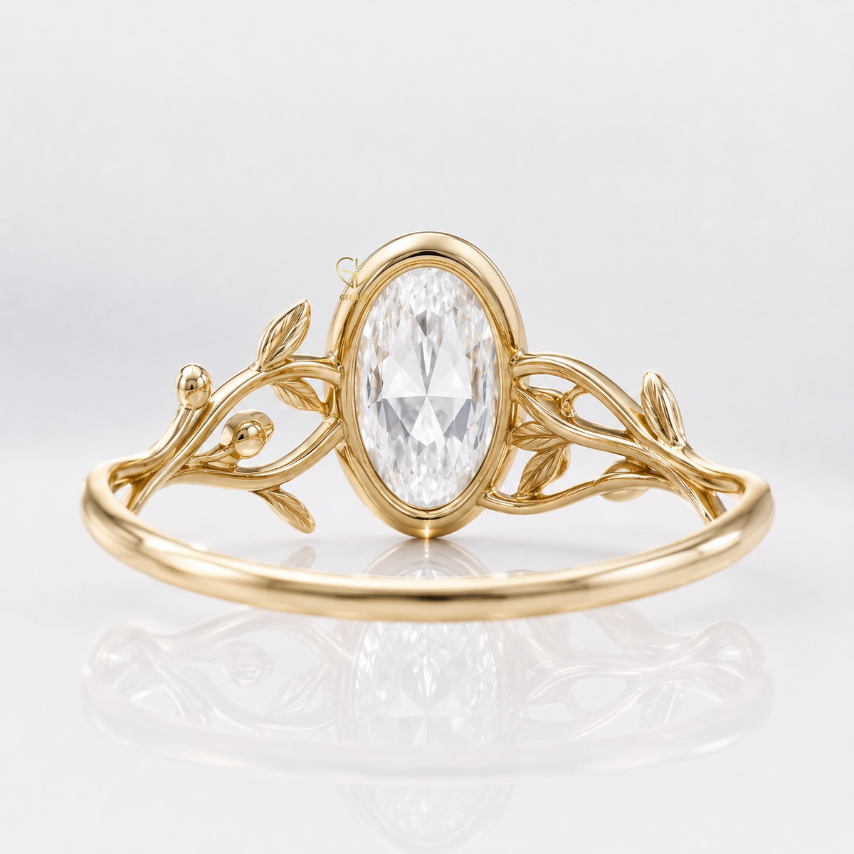 Moval Cut Lab-Grown Diamond Bezel Set Botanical Vine Engagement Ring