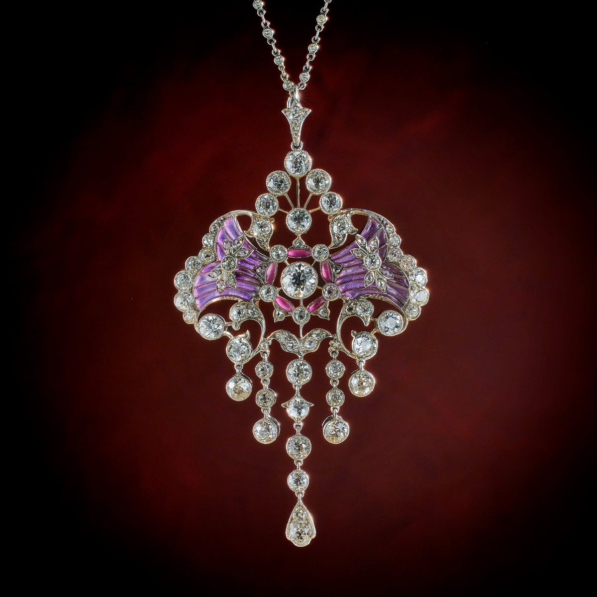 Edwardian Diamond and Plique-à-jour Enamel Pendant Necklace