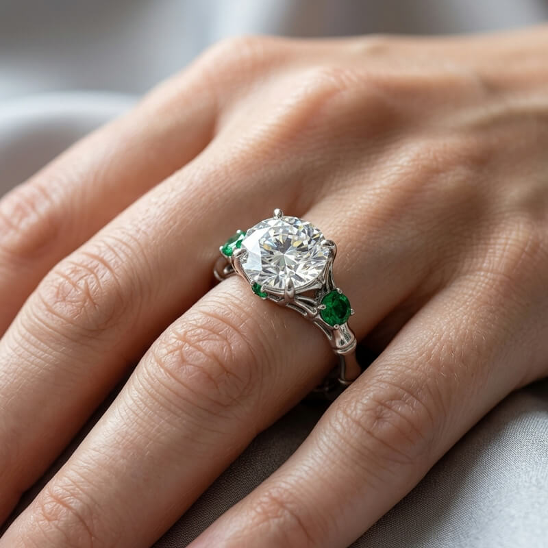 Nature Bamboo Inspired Round Moissanite with Emerald Engagement Ring