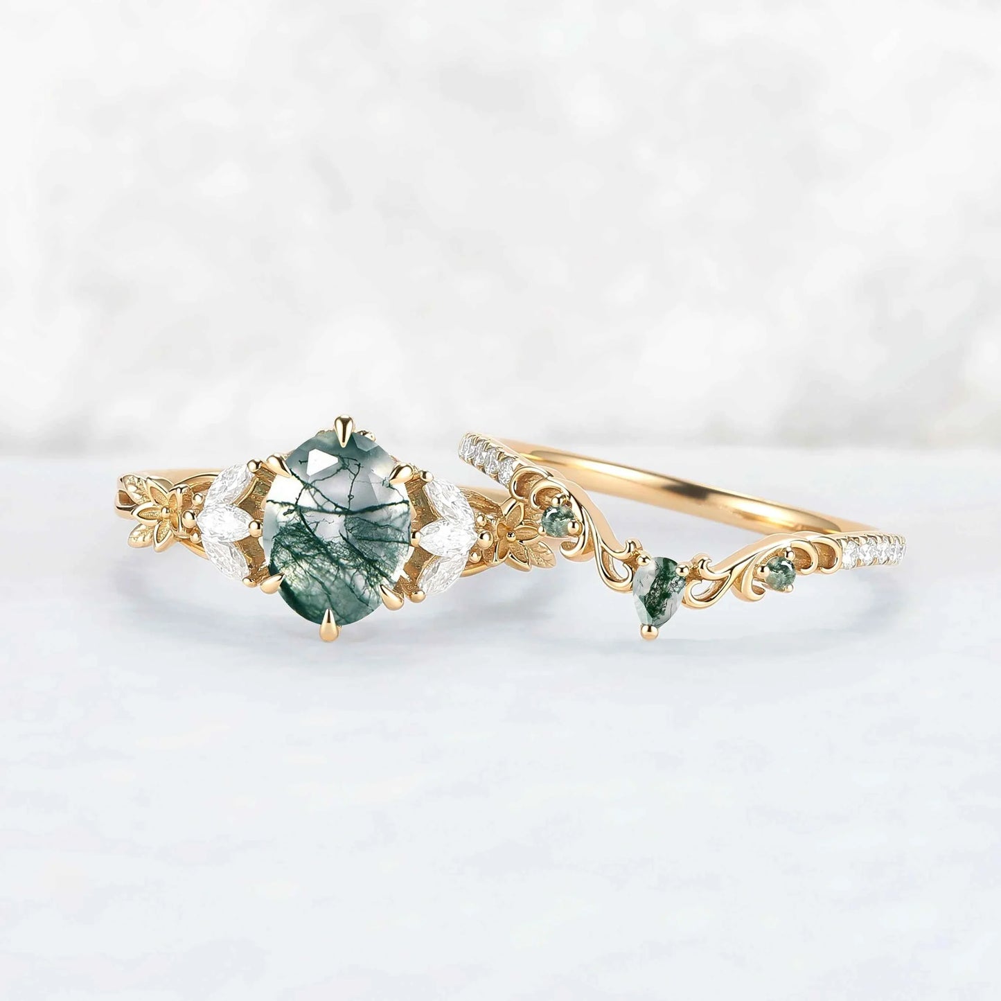 Nature Inspired Oval Cut Moss Agate Leafy Engagement Ring Set 2pcs
