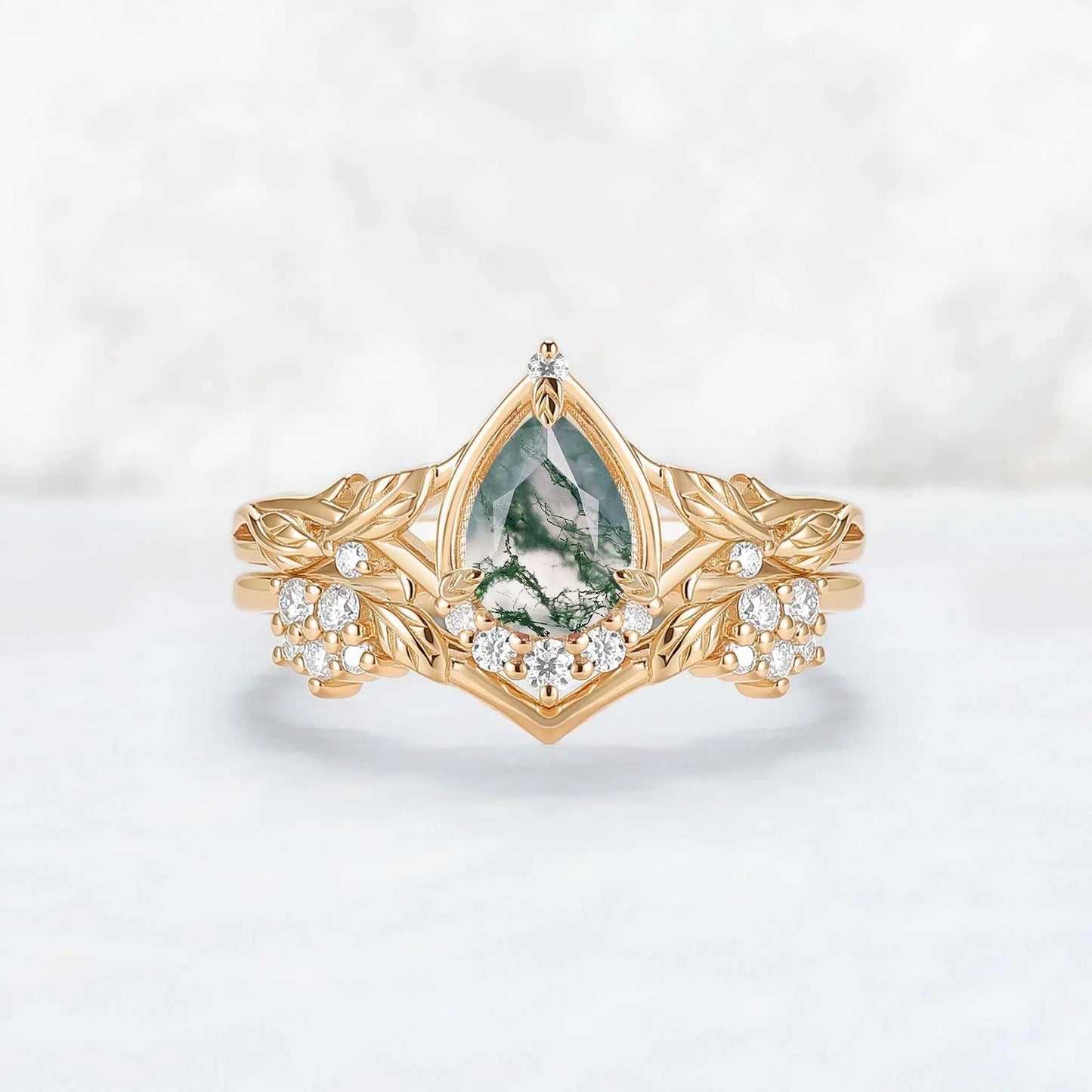 Nature Inspired Pear Cut Moss Agate Leaves Gemstone Ring Set 2pcs