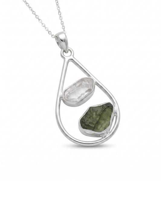 Raw Moldavite Pendant, Herkimer Diamond Jewelry, Natural Gemstone Jewelry, 925 Sterling Silver, Jewelry For Gift, Handmade Jewelry For Women