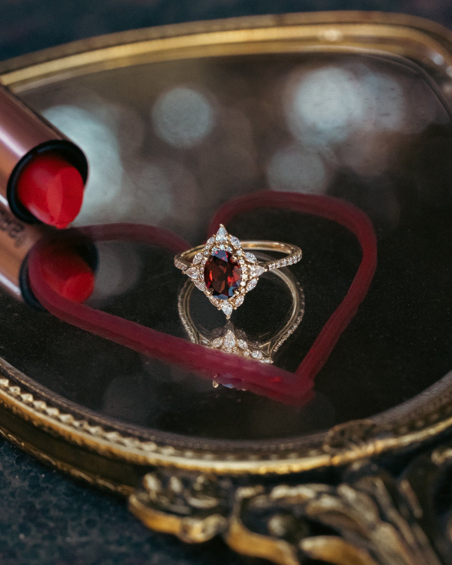 "North Star" - Oval Garnet Engagement Ring With Diamond Halo & Accents