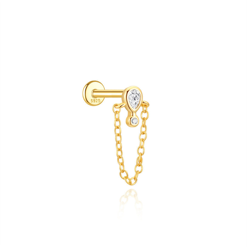 S925 Sterling Silver Gold Plated Pear & Round CZ Chain Drop Flat Back Cartilage Earring