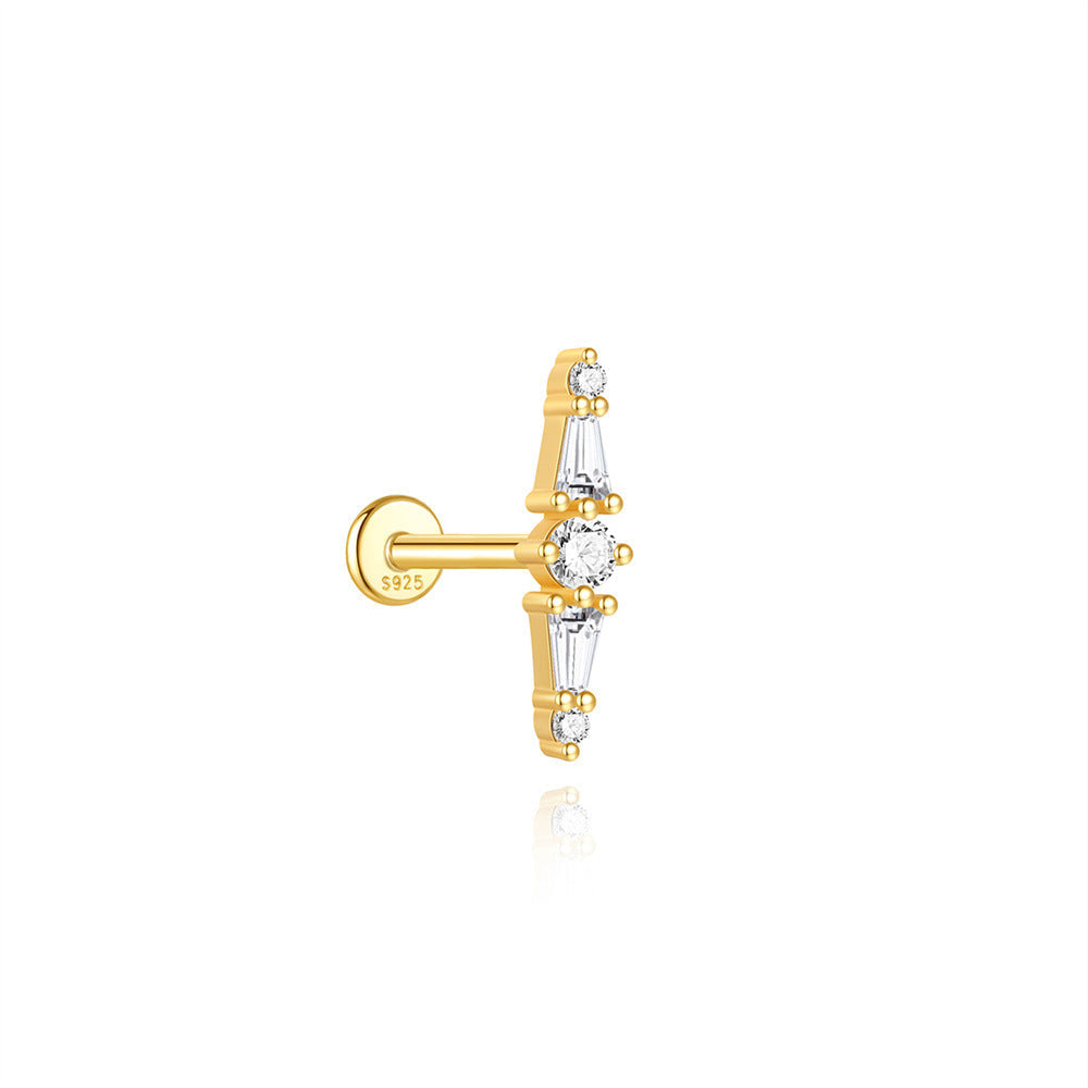 S925 Sterling Silver Gold Plated Round & Baguette CZ Linear Flat Back Cartilage Earring