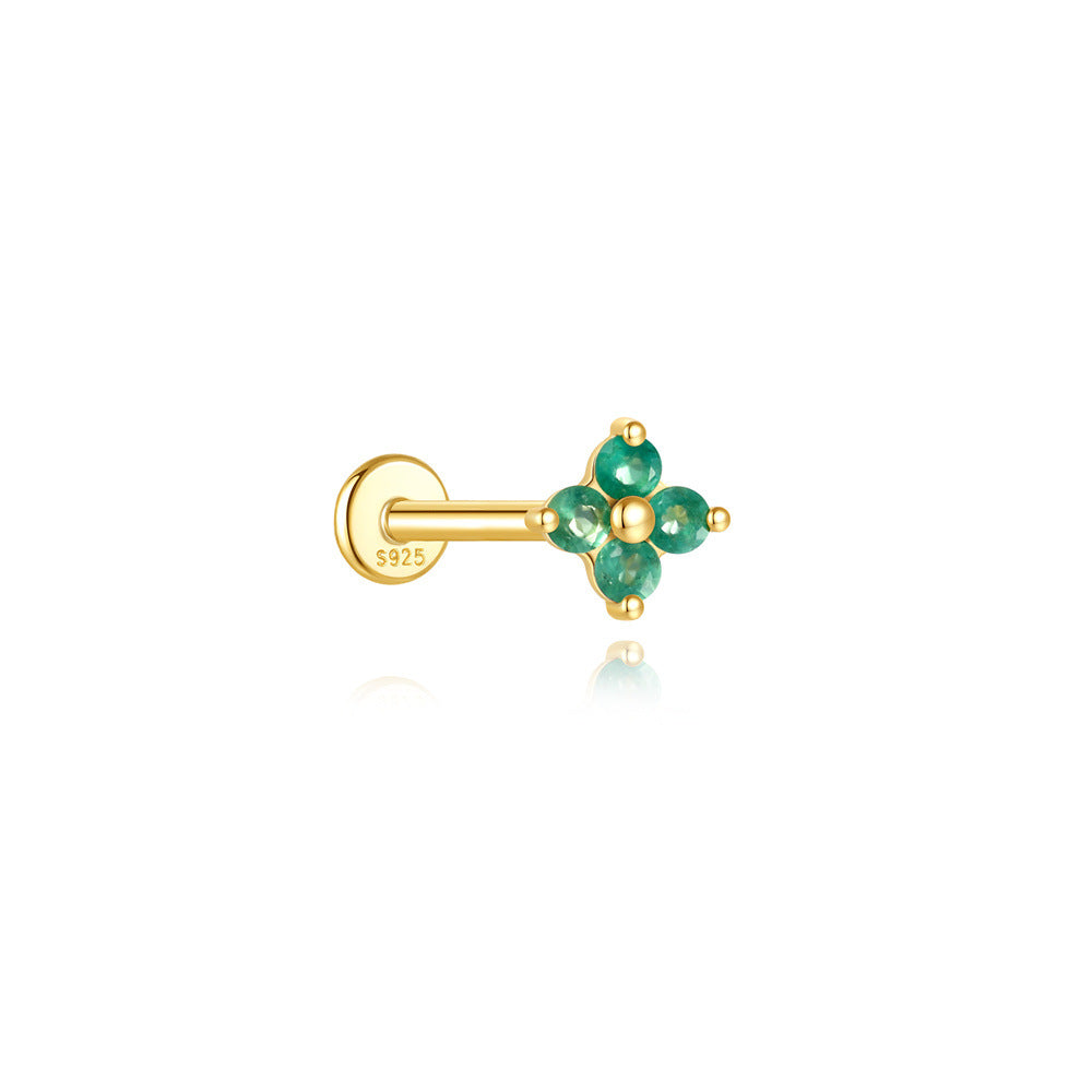 S925 Sterling Silver Gold Plated Four-Petal Green Zircon Flower Flat Back Cartilage Earring