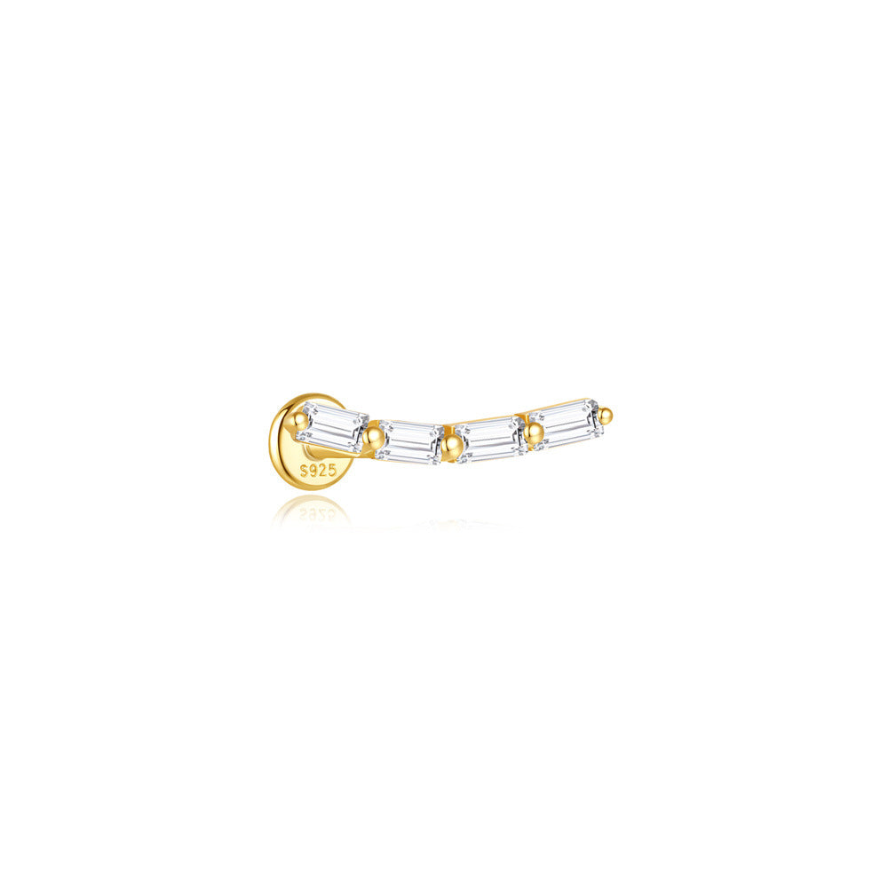 S925 Sterling Silver Gold Plated Curved Baguette CZ Line Flat Back Cartilage Earring