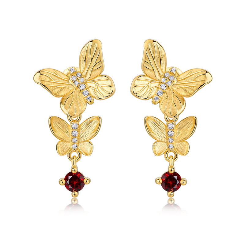 Gold Plated Sterling Silver Double Butterfly Drop Earrings with Red Garnet