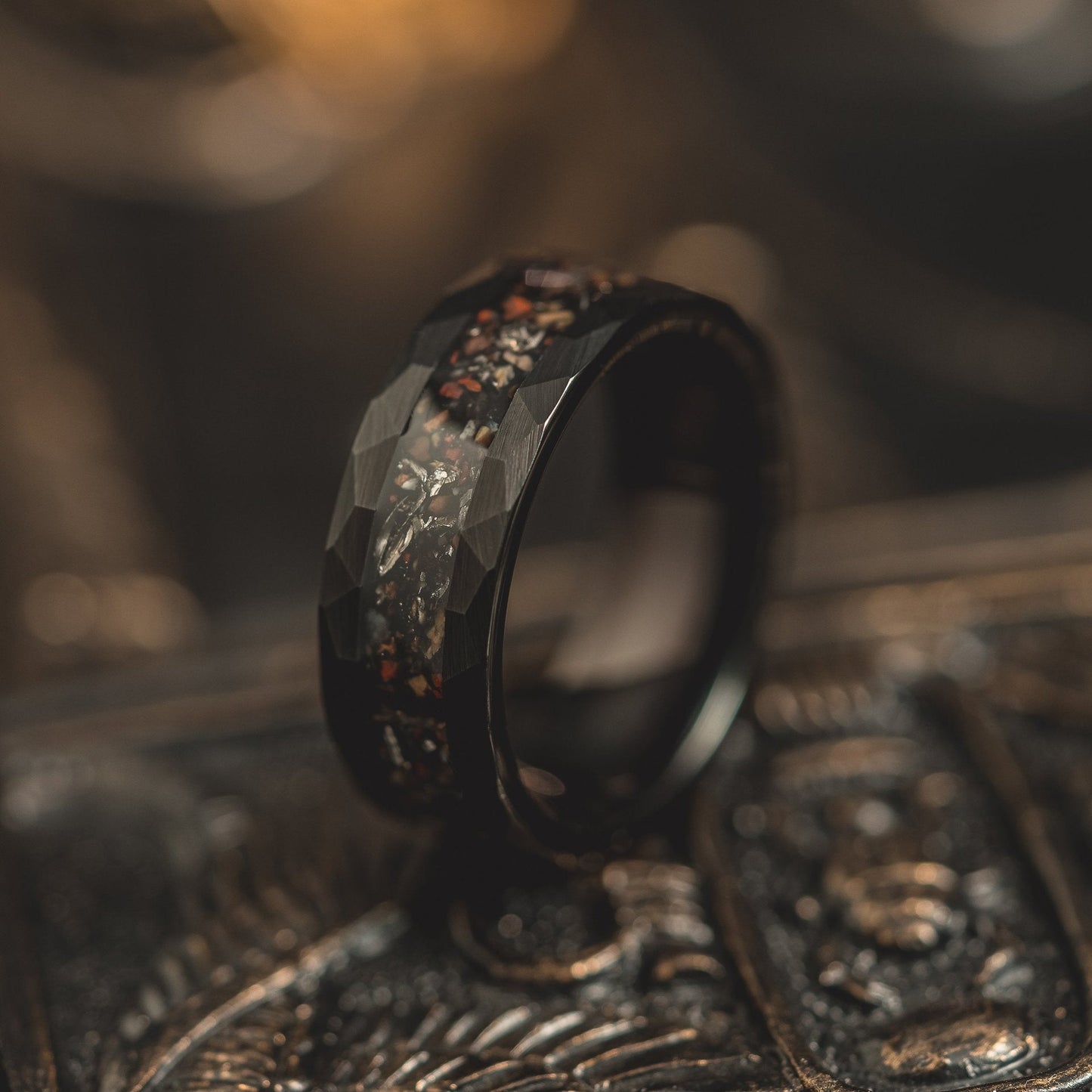 8mm tungsten men's wedding band steel hammered black ring Inlaid dinosaur fossils