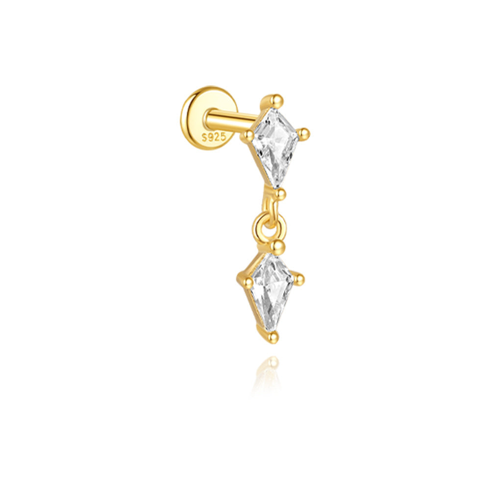 S925 Sterling Silver Gold Plated Double Kite-Cut CZ Chain Dangle Flat Back Cartilage Earring