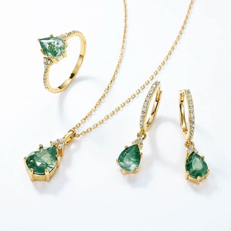 Zinnia-Pear Cut Moss Agate Classic Necklace
