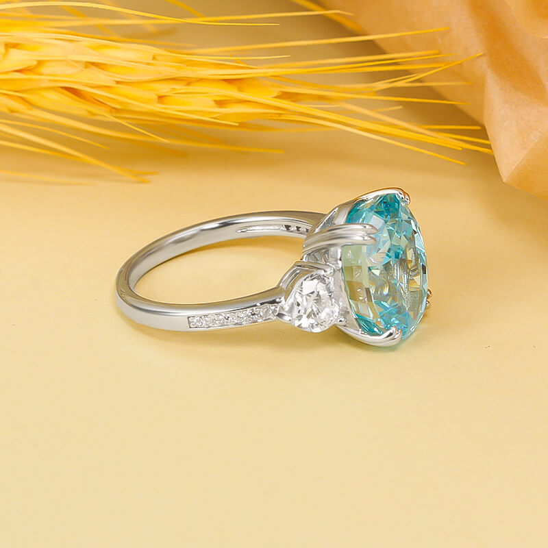 Oval Cut Aquamarine Blue Stone Ring with White Gold Plating - 925 Sterling Silver