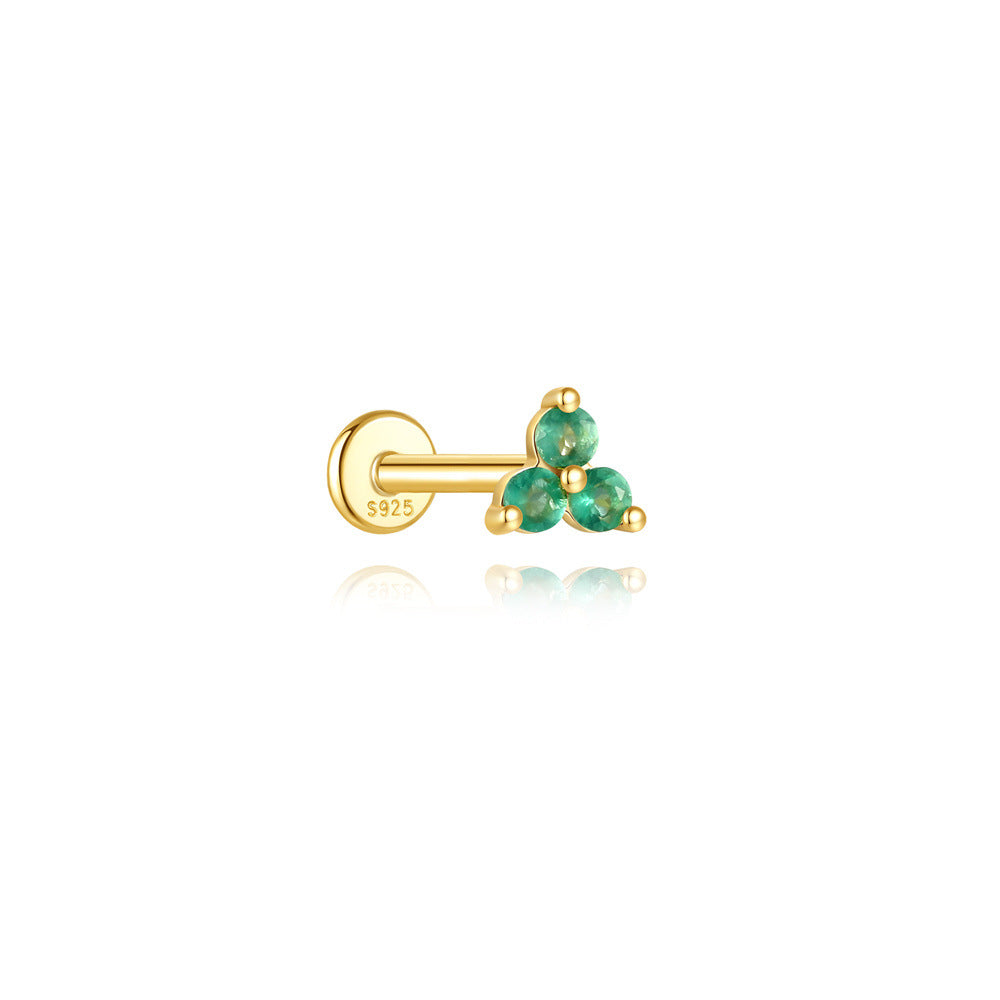 S925 Sterling Silver Gold Plated Trio Green Zircon Flat Back Cartilage Earring