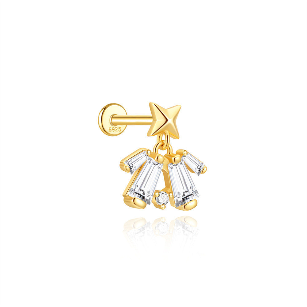 S925 Sterling Silver Gold Plated Star Top with Baguette CZ Fringe Dangle Flat Back Cartilage Earring