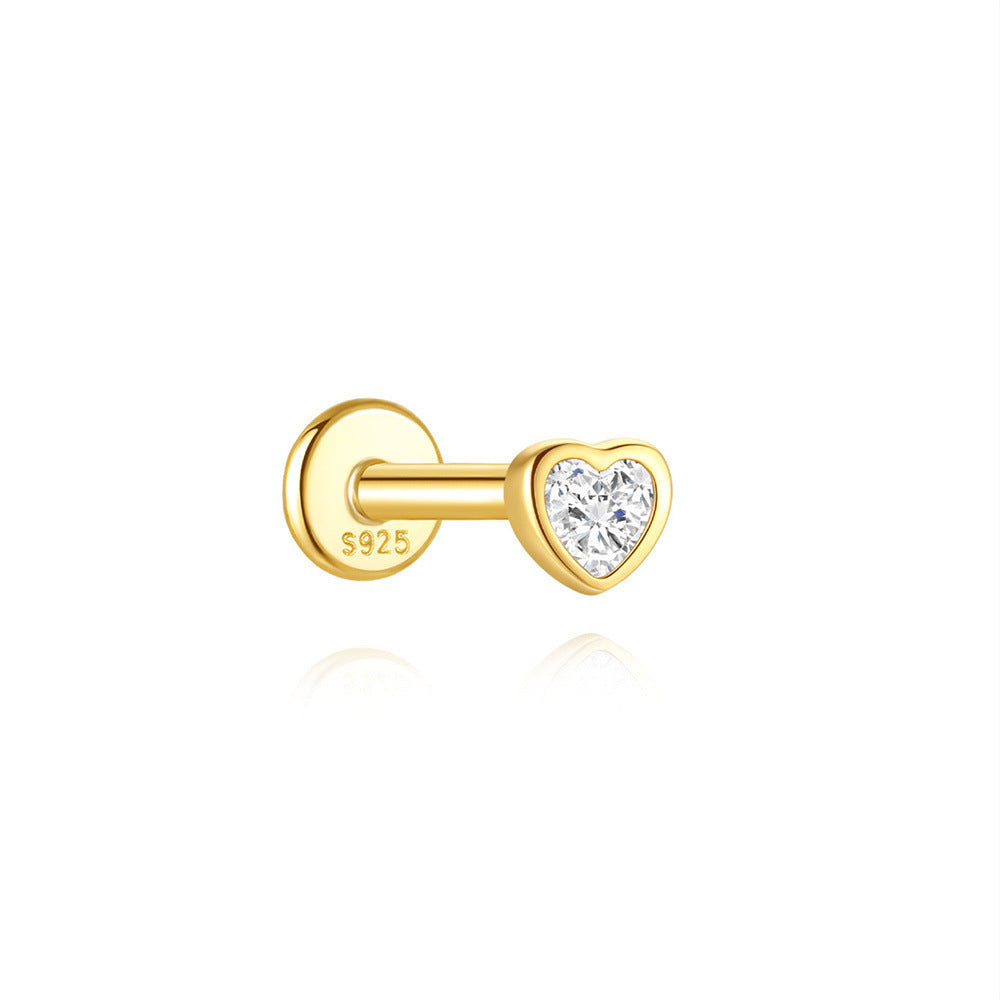 S925 Sterling Silver Gold Plated Heart-Shaped CZ Flat Back Cartilage Earring