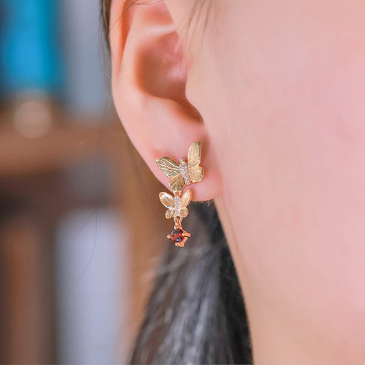 Gold Plated Sterling Silver Double Butterfly Drop Earrings with Red Garnet