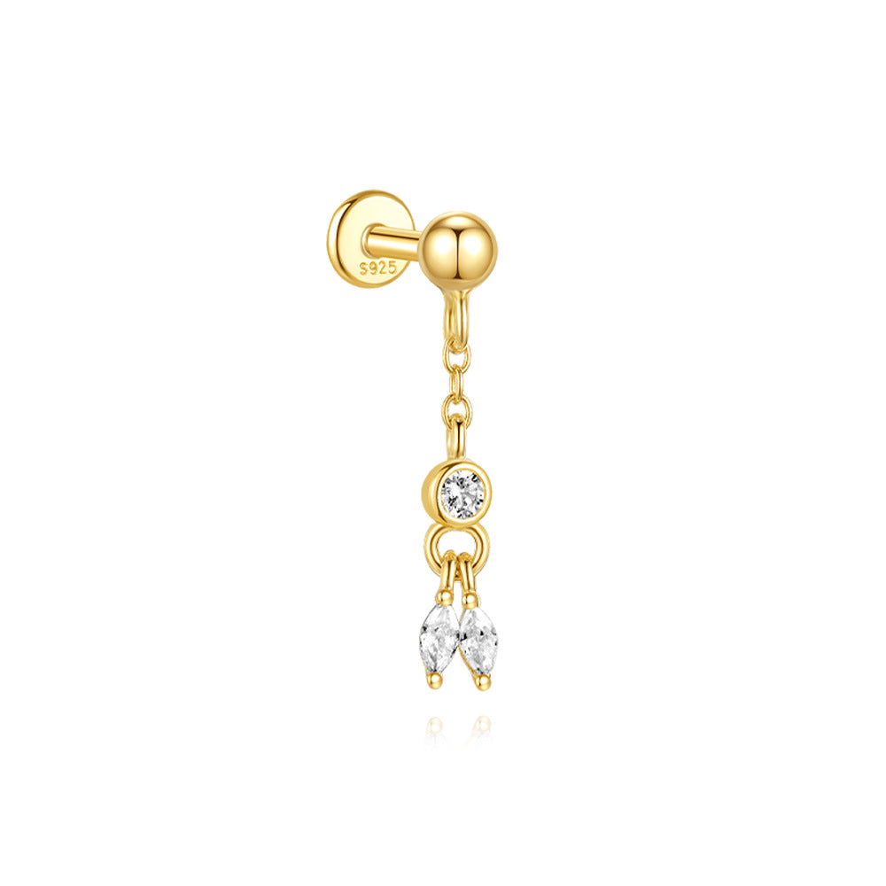 S925 Sterling Silver Gold Plated Round & Marquise CZ Chain Dangle Flat Back Cartilage Earring