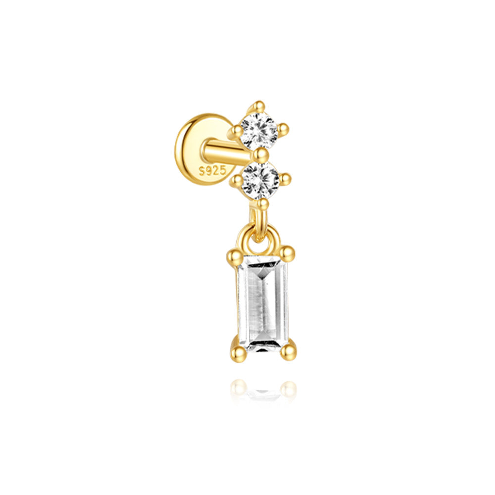 S925 Sterling Silver Gold Plated Round & Baguette CZ Drop Flat Back Cartilage Earring