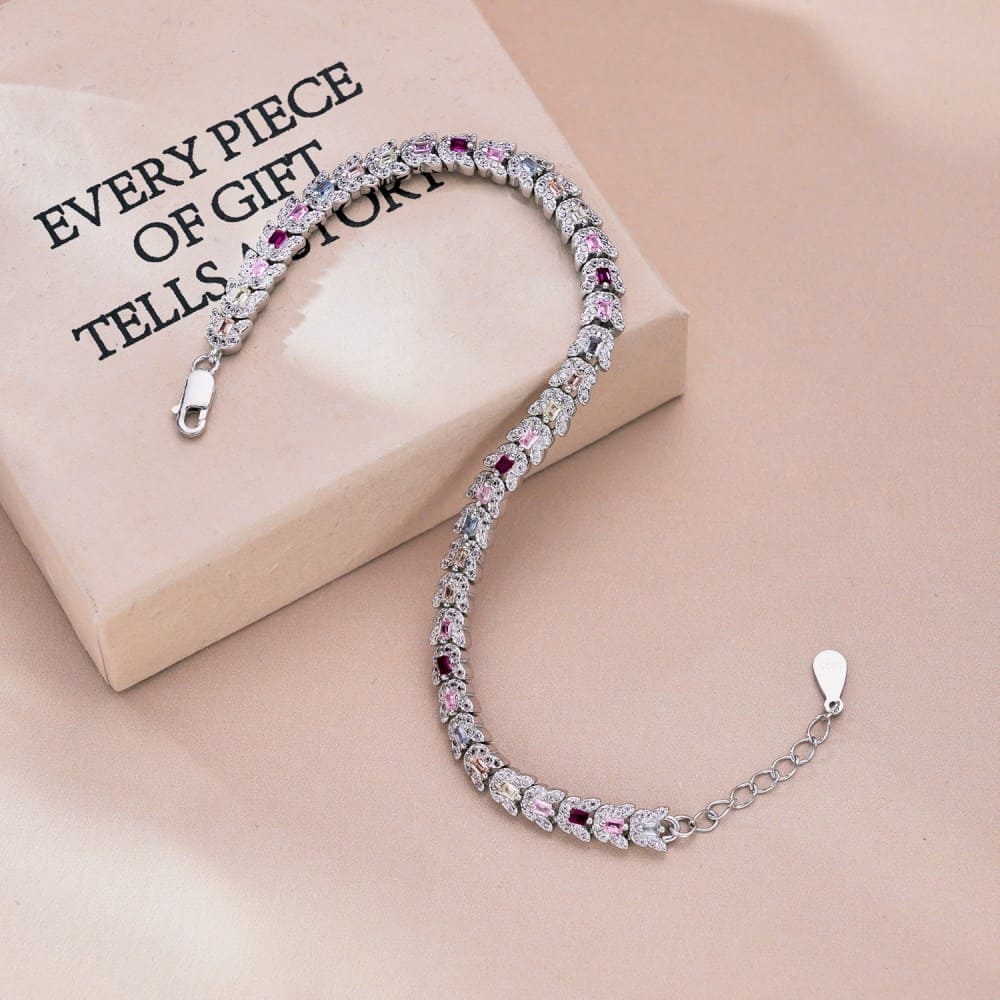 Regal Emerald Cut Bracelet for Women, Accented with Pink, Ruby, Aquamarine, and Yellow Stones