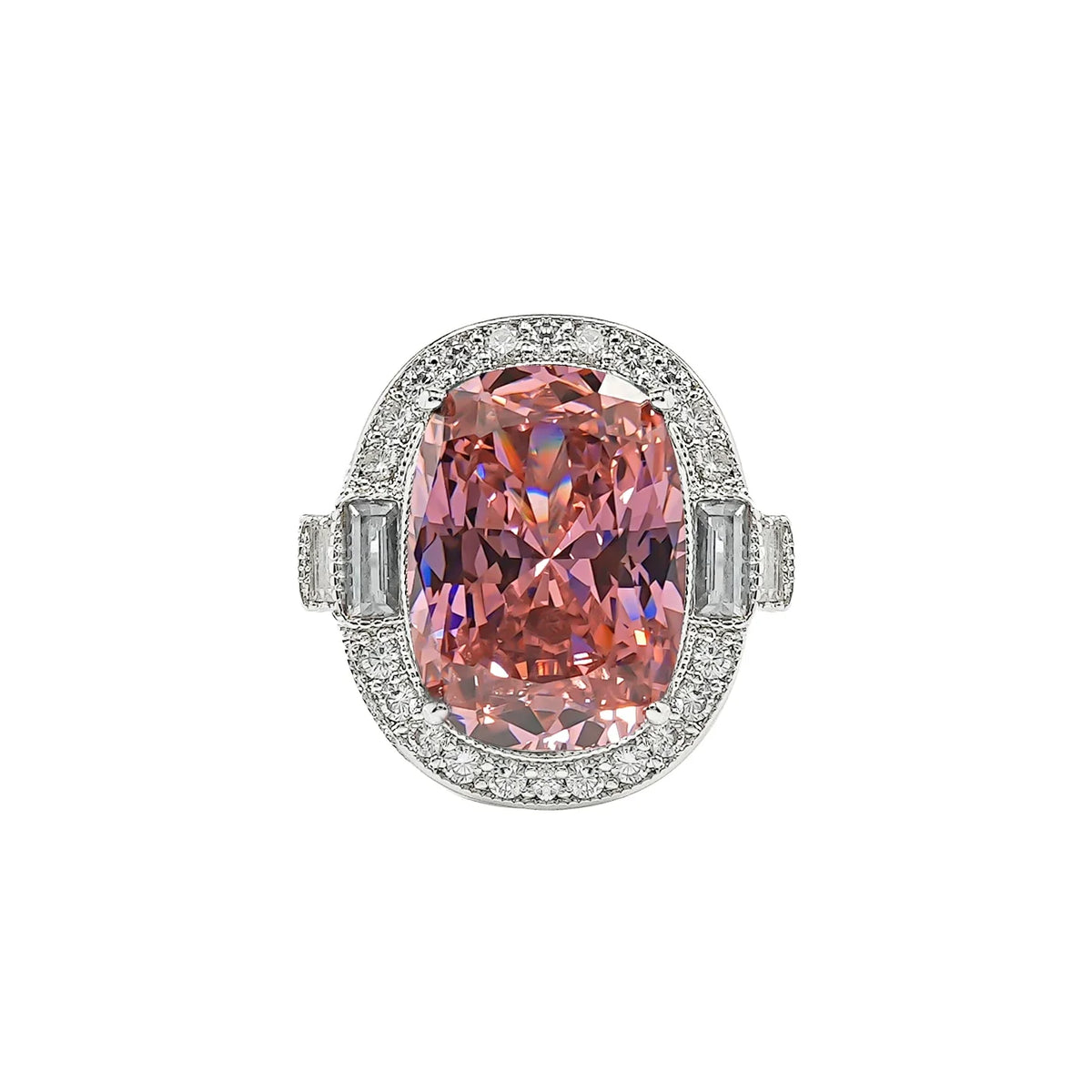 Retro Radiant Cut Colorful Gemstone Engagement Ring with Double Halo & Baguette Accents