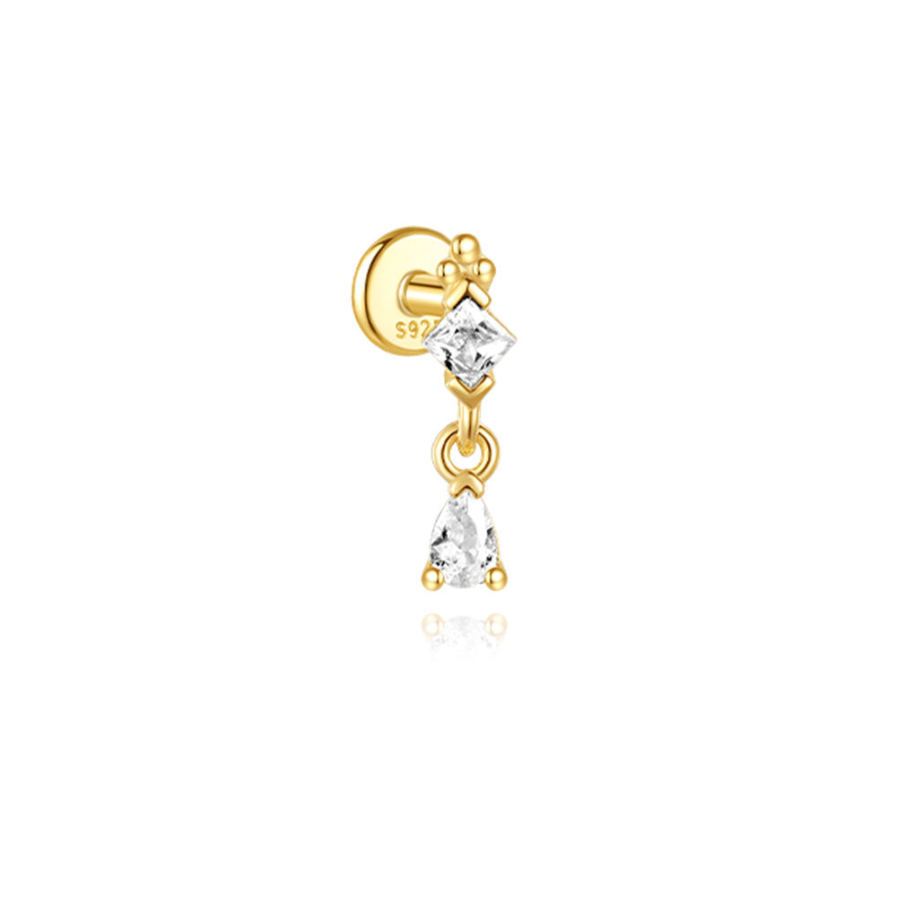 S925 Sterling Silver Gold Plated Princess & Pear Cut CZ Dangle Flat Back Cartilage Earring
