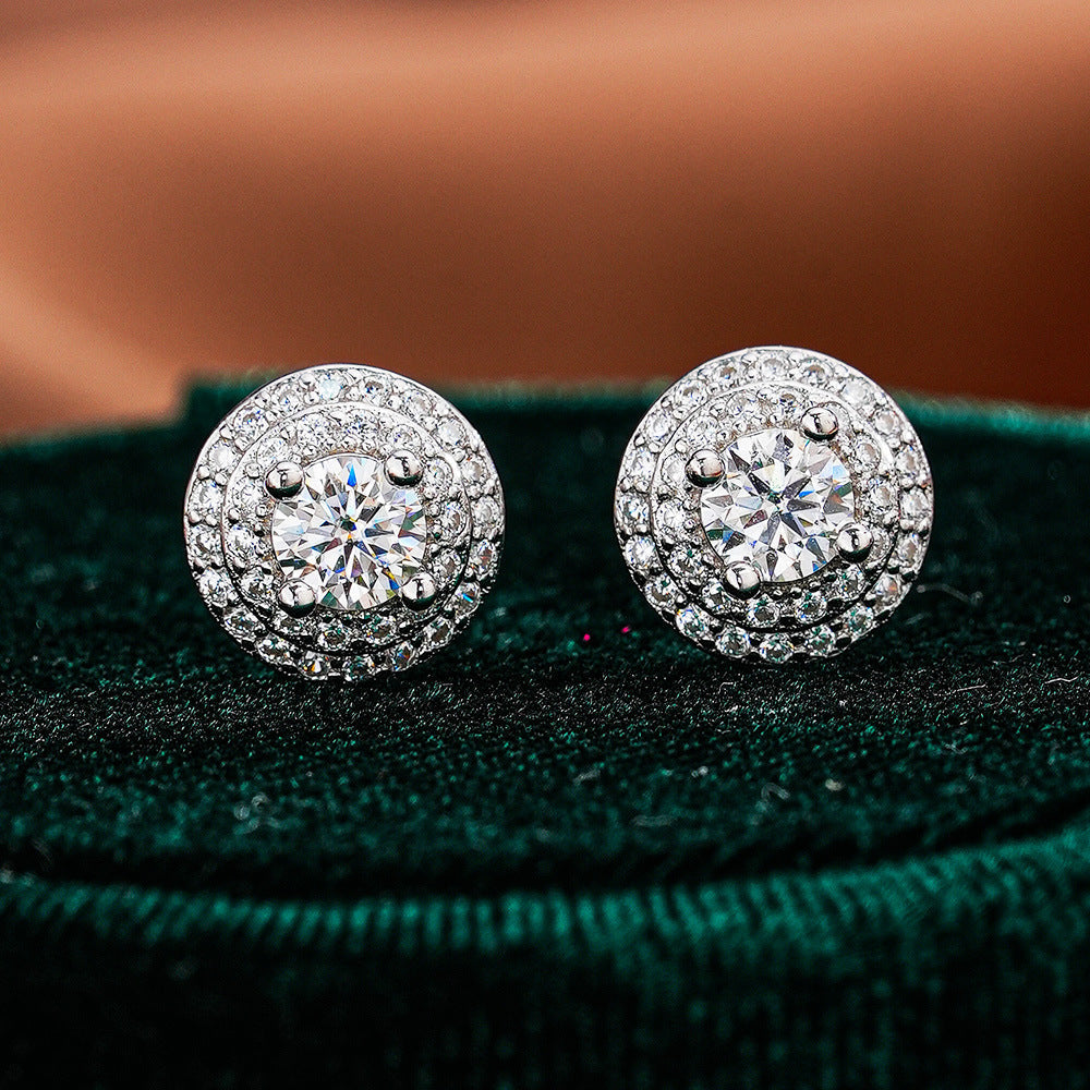 Round Double-Layer Luxurious S925 Sterling Silver Moissanite Stud Earrings